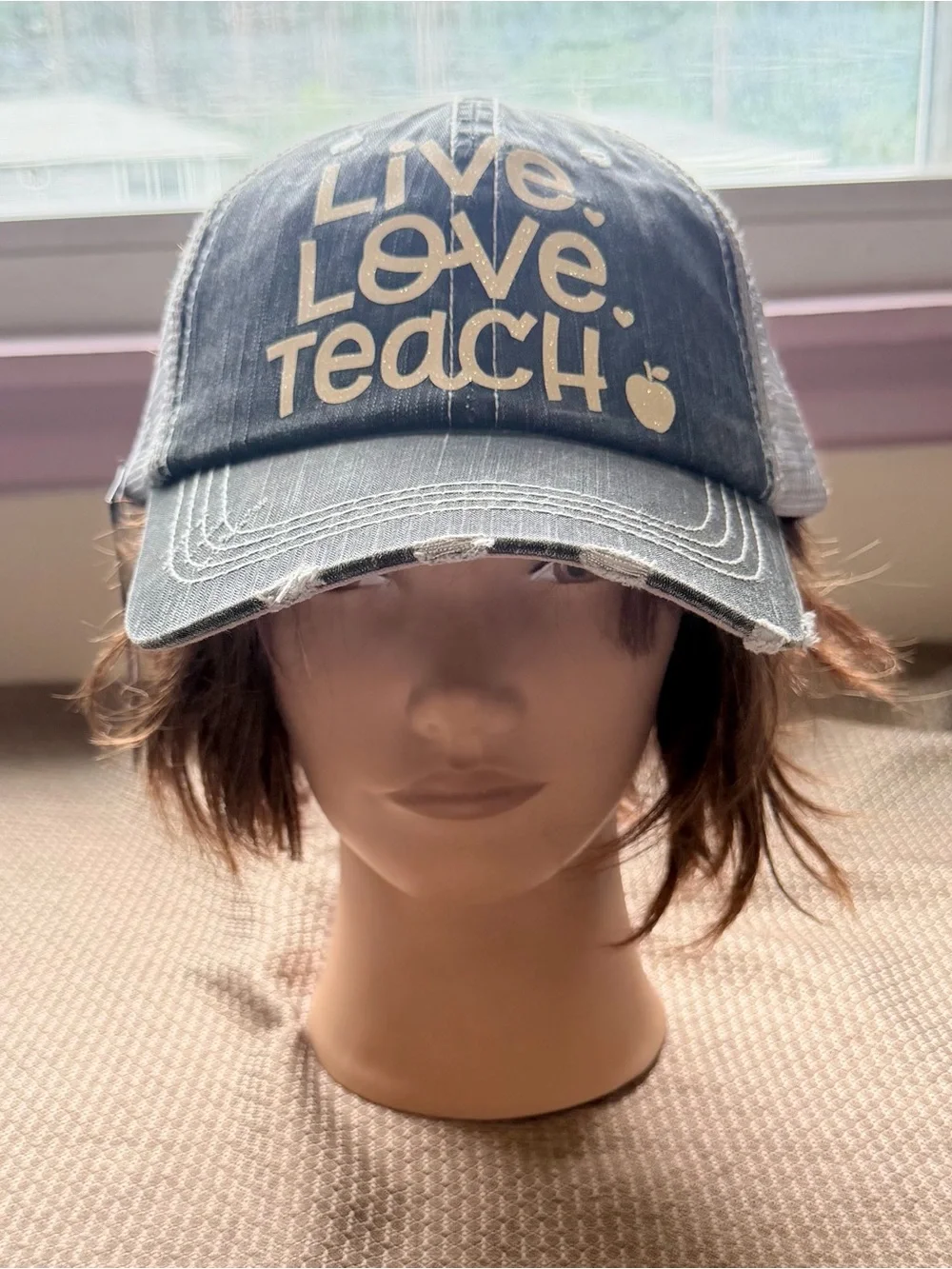 Brand New Handmade Women’s Distressed “Live. Love. Teach” Trucker Cap Hat
